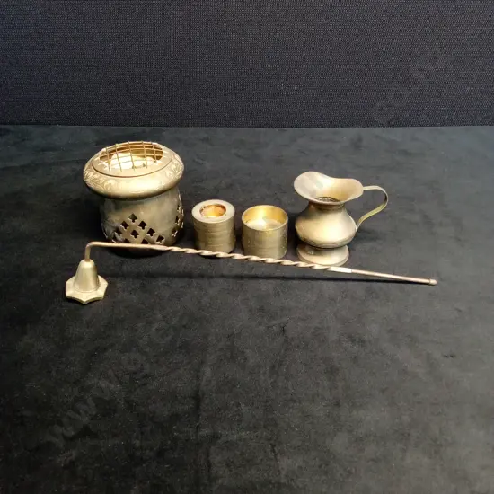 VINTAGE BRASS CANDLE SNUFFER AND ACCESSORIES SET
