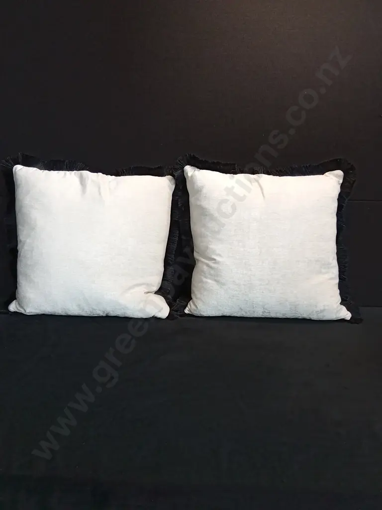 CREAM CUSHIONS WITH BLACK CUT FRINGE TRIM X 2 Image 1++