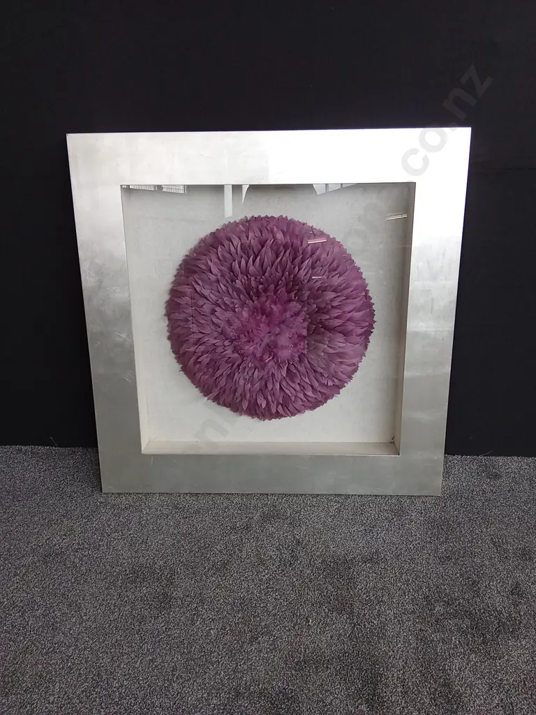 LARGE FRAMED BAMILEKE JUJU HAT FEATHER WALL DECOR 120 X 120 CM APPROX Image 1++