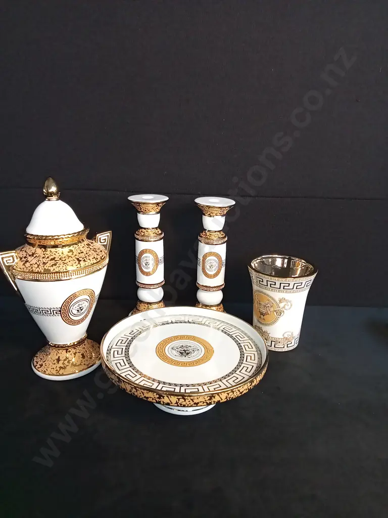 GOLD MEDUSA URN, CANDLE HOLDERS , VASE AND CAKE STAND Image 1++