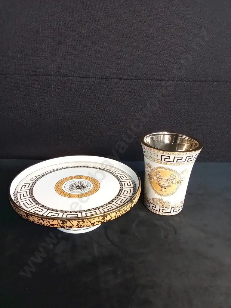 GOLD MEDUSA URN, CANDLE HOLDERS , VASE AND CAKE STAND Image 1++