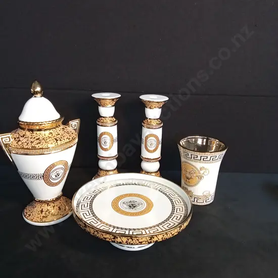 GOLD MEDUSA URN, CANDLE HOLDERS , VASE AND CAKE STAND