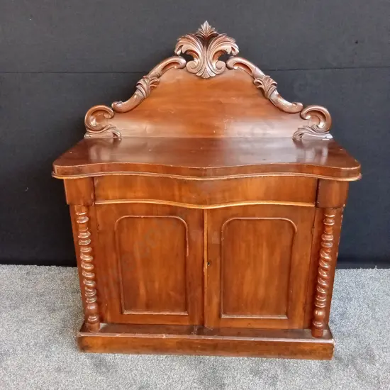VICTORIAN ERA CARVED CABINET WITH CREST RAILS TURNED BARLEY TWIST COLUMNS & KEY