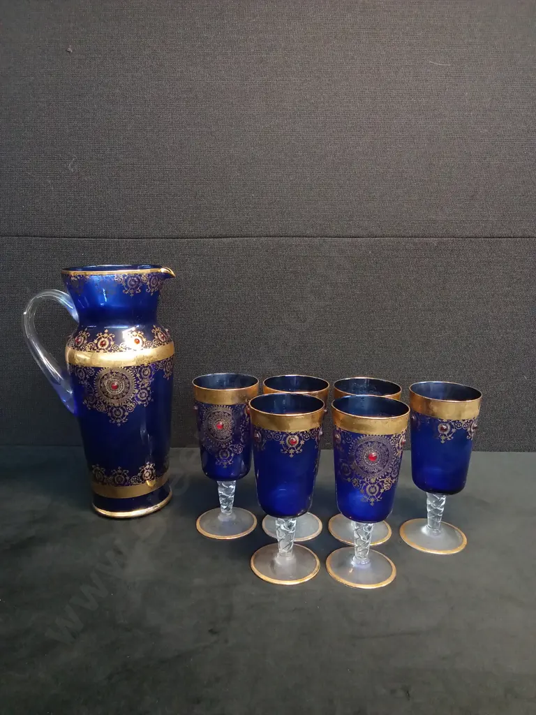 VINTAGE COBALT BLUE GLASS PITCHER AND 6 MATCHING GLASSES Image 1++