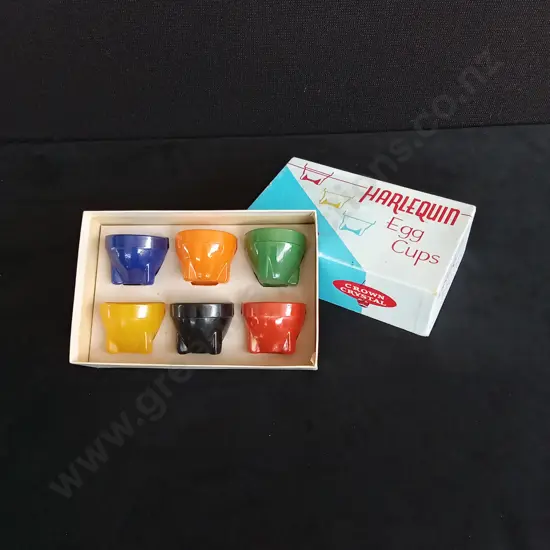 BOXED SET OF 6 HARLEQUIN EGG CUPS BY CROWN CRYSTAL GLASS