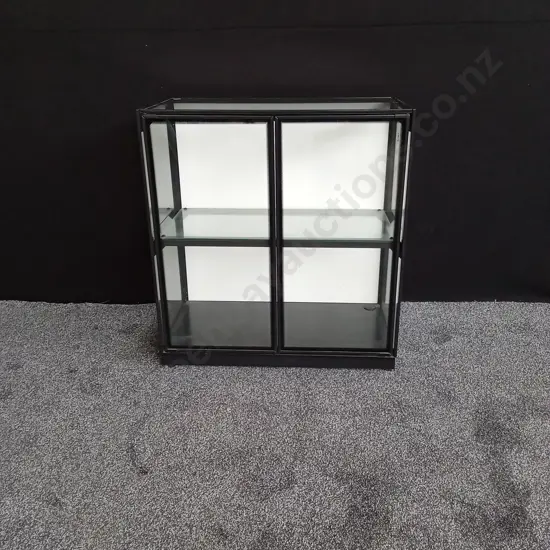 BLACK FRAME GLASS DISPLAY CABINET WITH SHELVES AND DOORS