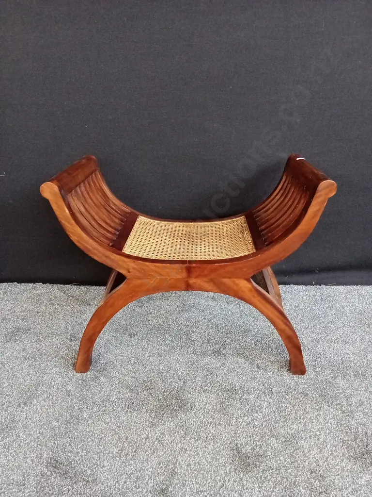 CARVED WOODEN X FRAME STOOL IN SAVONAROLA STYLE WITH WOVEN CANE SEAT Image 1++