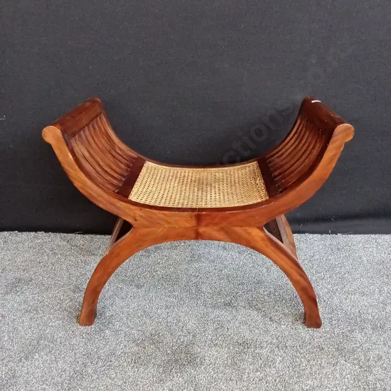 CARVED WOODEN X FRAME STOOL IN SAVONAROLA STYLE WITH WOVEN CANE SEAT