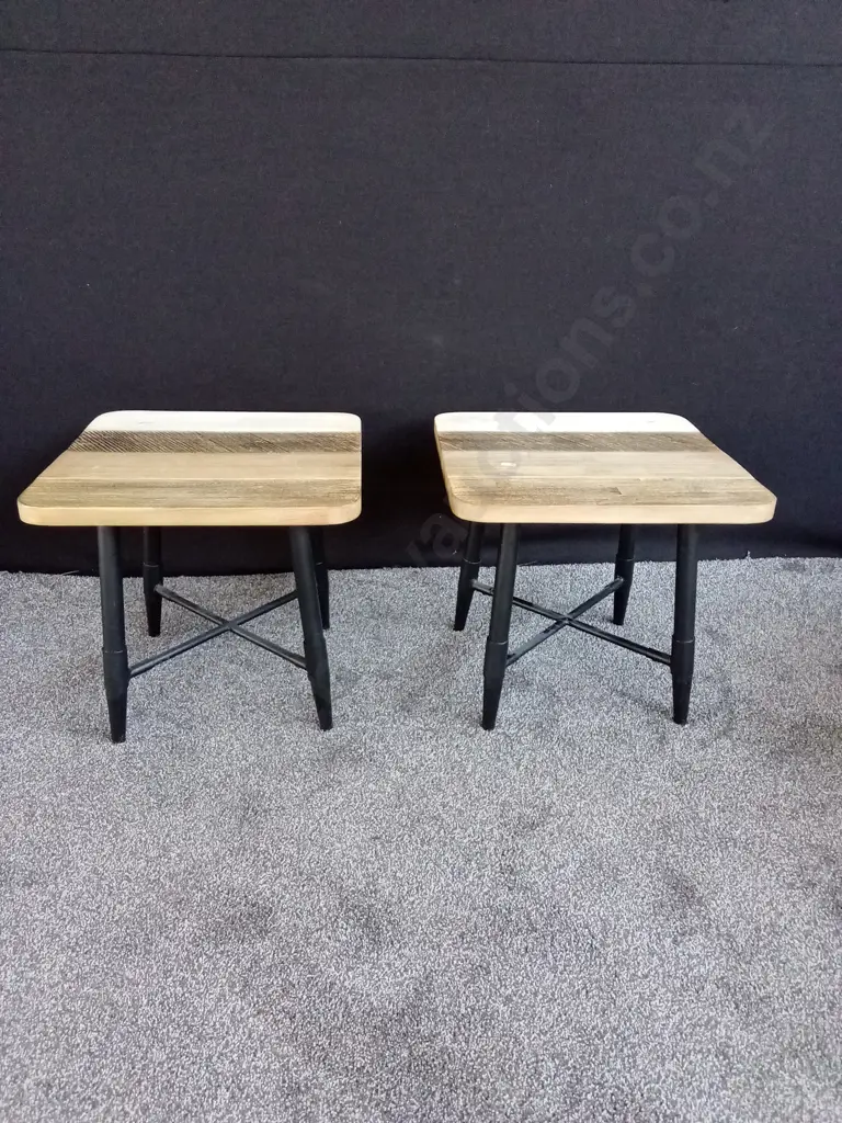PAIR OF SIDE TABLES - WOODEN TOPS WITH METAL LEGS Image 1++