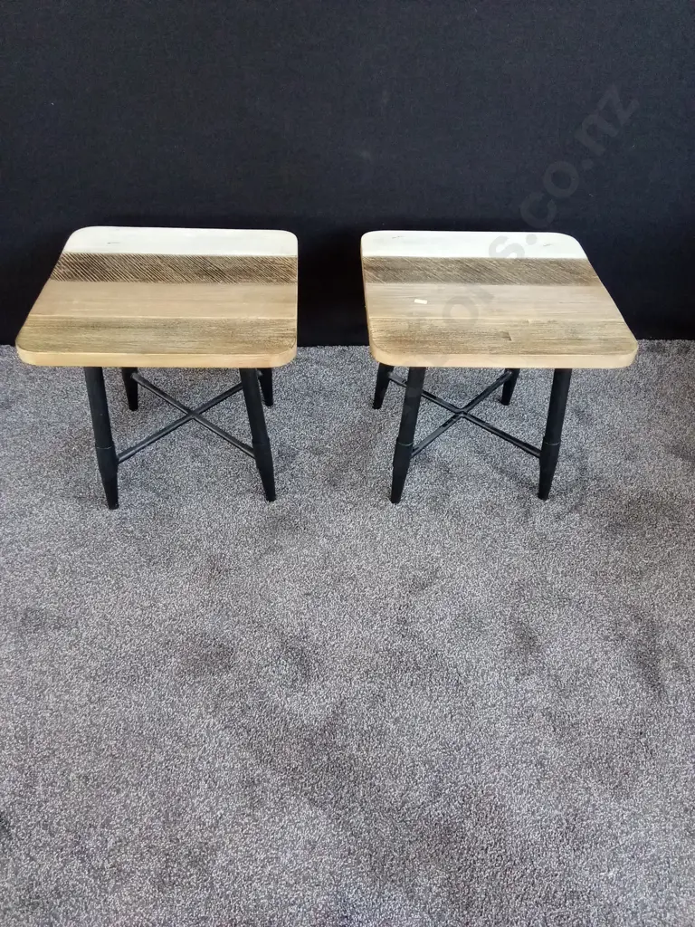 PAIR OF SIDE TABLES - WOODEN TOPS WITH METAL LEGS Image 1++