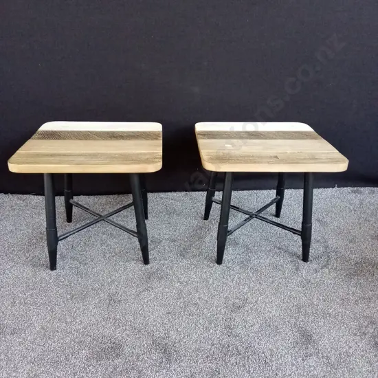 PAIR OF SIDE TABLES - WOODEN TOPS WITH METAL LEGS