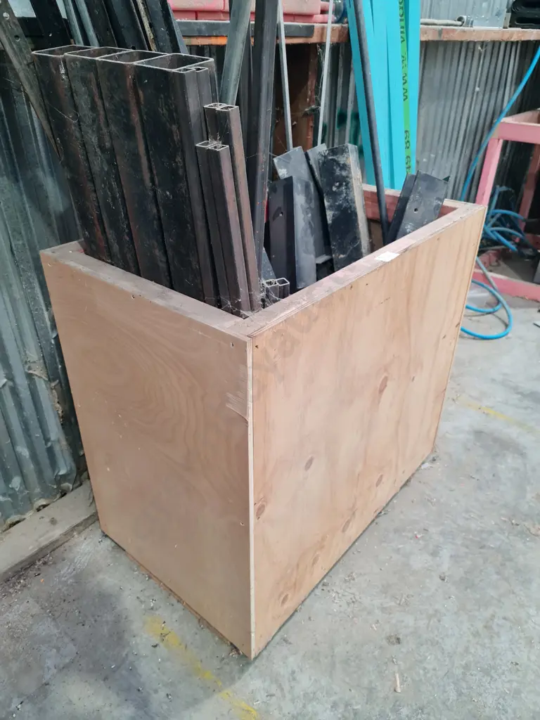 Wooden Bin with Assorted Metal Pieces Image 1++