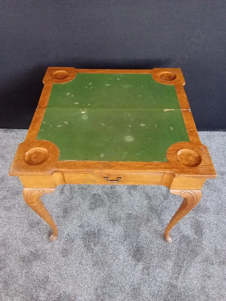 ANTIQUE FOLDING GAMES / CARD TABLE. SQUARE TOP INSET WITH GREEN FELT PLAYING SURFACE AND FOUR RECESSED COUNTER WELLS Image 1++