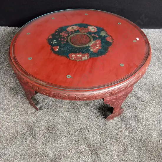 ORIENTAL STYLE HAND CARVED ROUND TEA TABLE WITH GLASS TOP