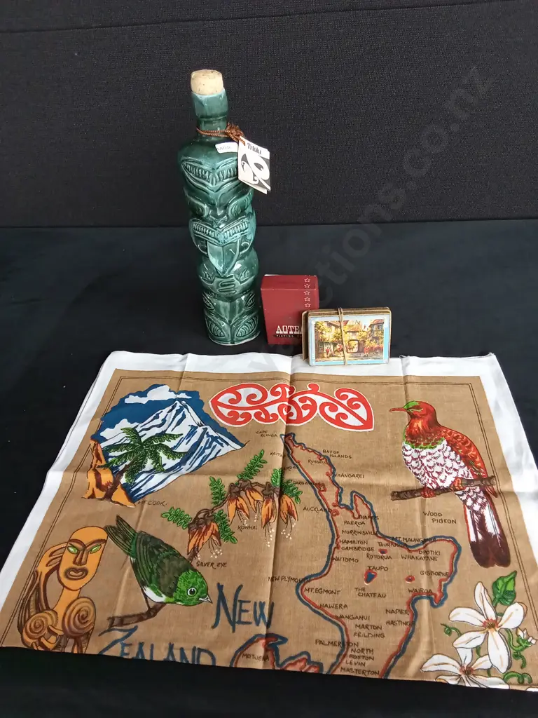 KIWIANA TEATOWEL PLAYING CARDS AND A TI-TOKI LIQUOR BOTTLE Image 1++