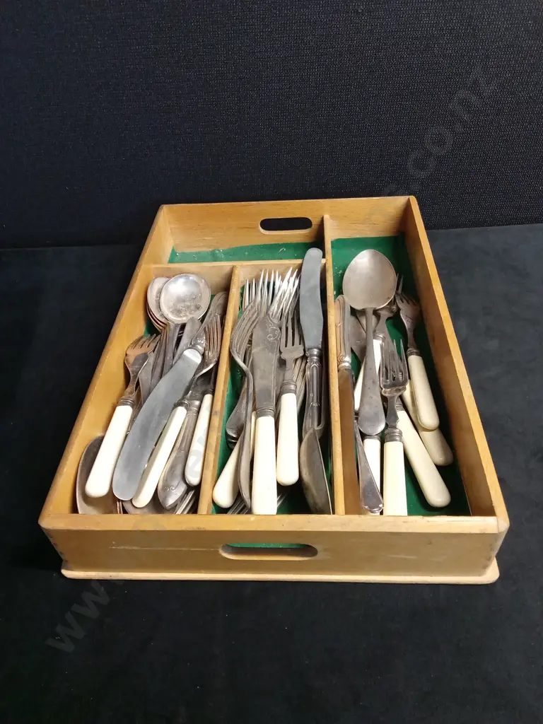 WOODEN DRAWER OF ASSORTED BONE HANDLE AND WALKER & HALL CUTLERY Image 1++