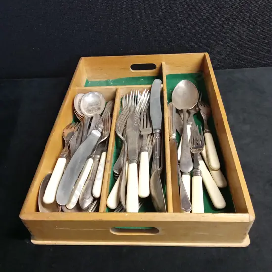 WOODEN DRAWER OF ASSORTED BONE HANDLE AND WALKER & HALL CUTLERY