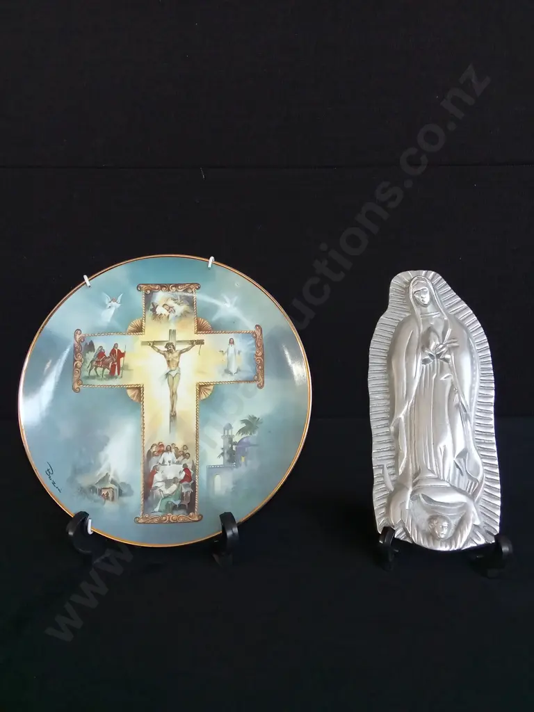 FRANKLIN MINT THE LIFT OFF CHRIST COLLECTIBLE PLATE AND PEWTER STATUS OF VIRGIN MARY Image 1++