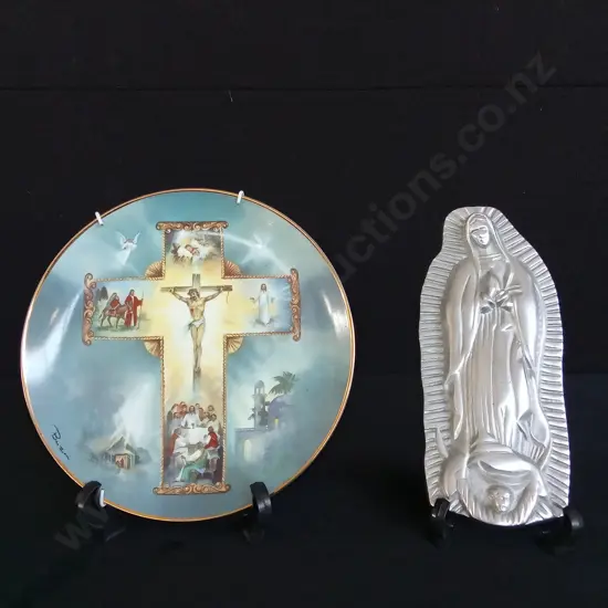 FRANKLIN MINT THE LIFT OFF CHRIST COLLECTIBLE PLATE AND PEWTER STATUS OF VIRGIN MARY
