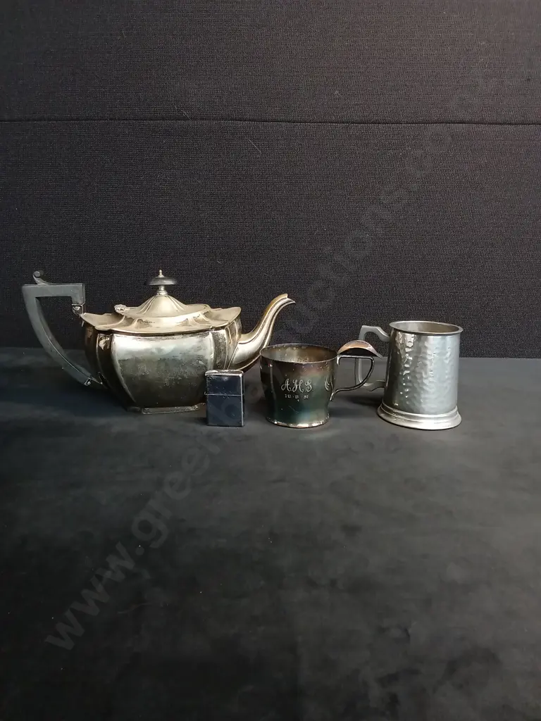 PEWTER TANKARD EPNS TEAPOT AND CUP PLUS ZIPPO LIGHTER Image 1++