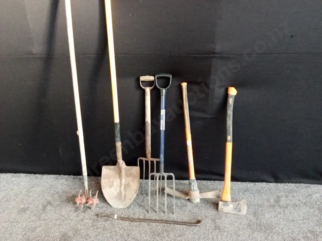 SELECTION OF HAND TOOLS INC AXE, PICK AXE, FORKS, WIDE MOUTH SPADE, AERATOR AND PRY BAR Image 1++