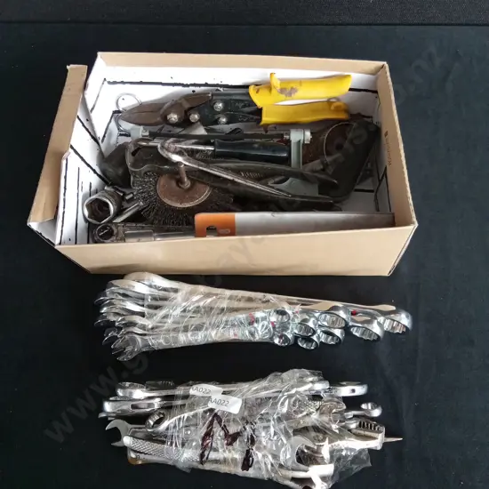 BOX OF ASSORTED HAND TOOLS AND SET OF IMPERIAL SPANNERS AND METRIC SPANNERS