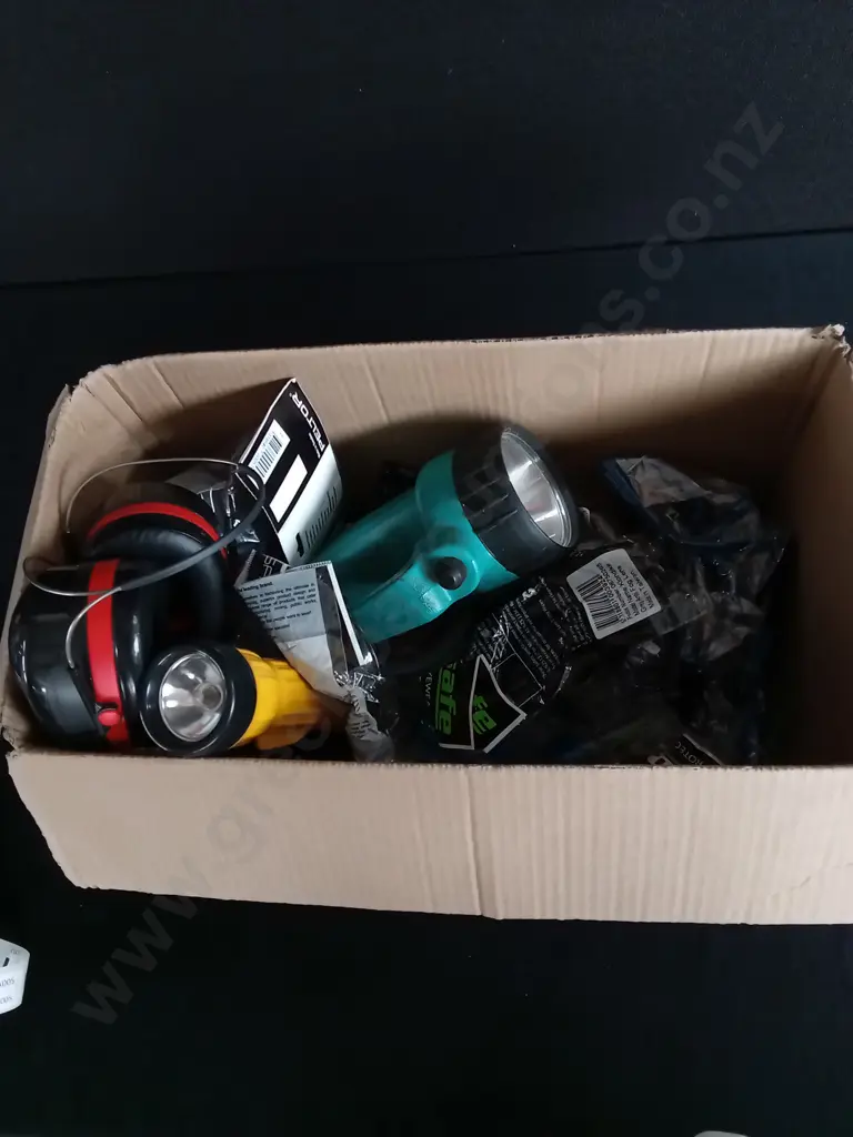 BOX OF SAFETY GEAR AND TORCHES Image 1++