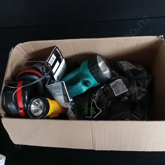 BOX OF SAFETY GEAR AND TORCHES