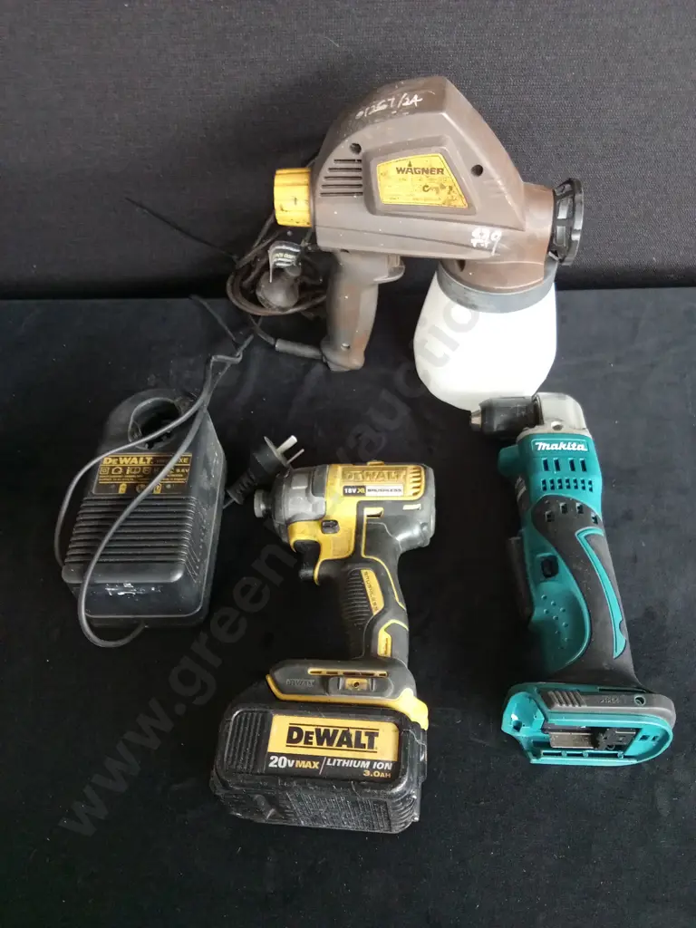 BOX OF ASSORTED HARDWARE WAGNER SPRAY GUN DEWALT 18V BRUSHLESS IMPACT DRIVER AND MAKITA 90⁰ DRILL SKIN Image 1++