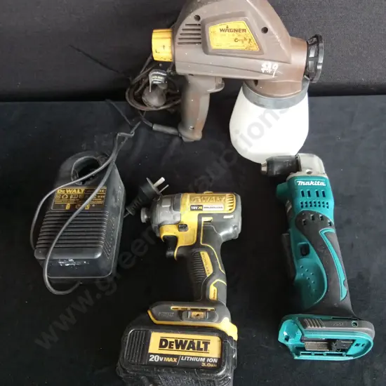 BOX OF ASSORTED HARDWARE WAGNER SPRAY GUN DEWALT 18V BRUSHLESS IMPACT DRIVER AND MAKITA 90⁰ DRILL SKIN