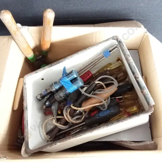 LARGE BOX OF HAND TOOLS INCLUDING SCREDRIVERS CLAMPS CHEARS AND GAS CANISTERS