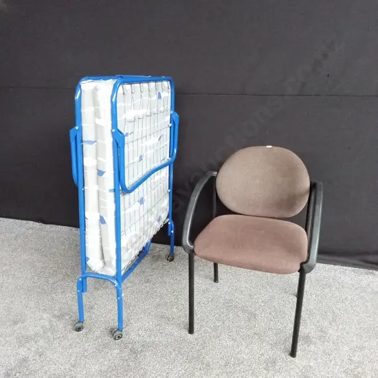 FOLDABLE SINGLE BED ON WHEELS AND A CHAIR