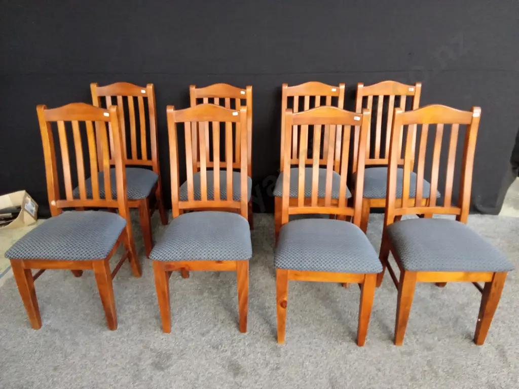 WOODEN AND BLUE CHAIRS X 8 Image 1++