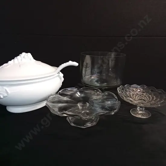 VINTAGE SOUP TUREEN AND CAKE STANDS AND TRIFFLE BOWL