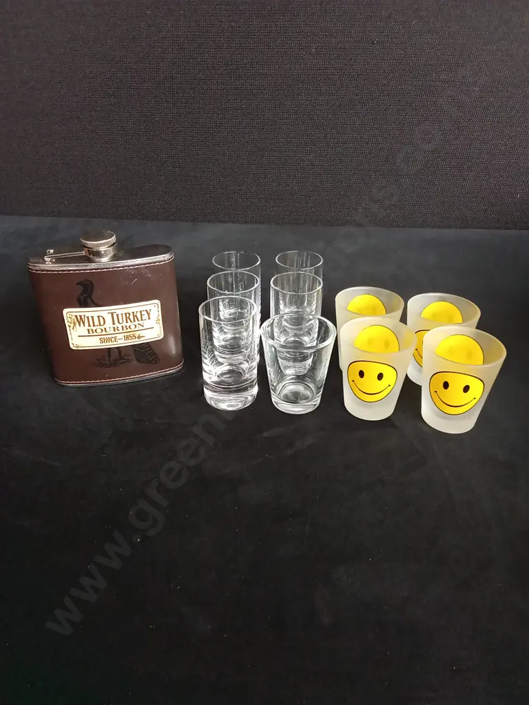 WILD TURKEY BOURBON FLASK AND 10 SHOT GLASSES Image 1++