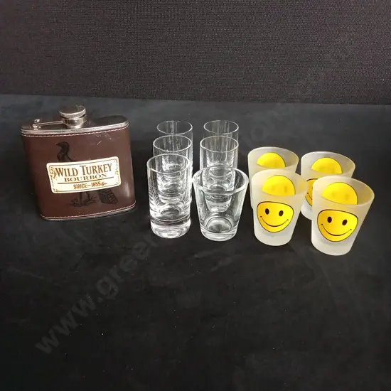 WILD TURKEY BOURBON FLASK AND 10 SHOT GLASSES