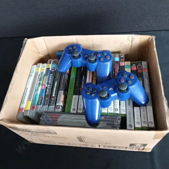 COLLECTION OF XBOX360 PS2 AND PS3 GAMES WITH 2 CONTROLLERS