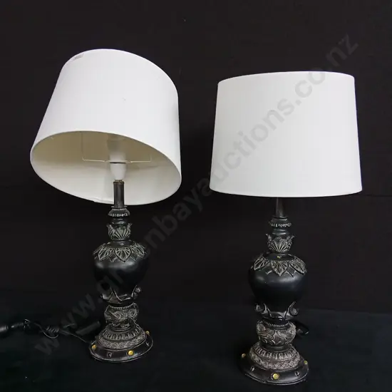DARK BLACK ANTIQUE STLE URN TABLE LAMPS WITH WHITE DRUM SHADE