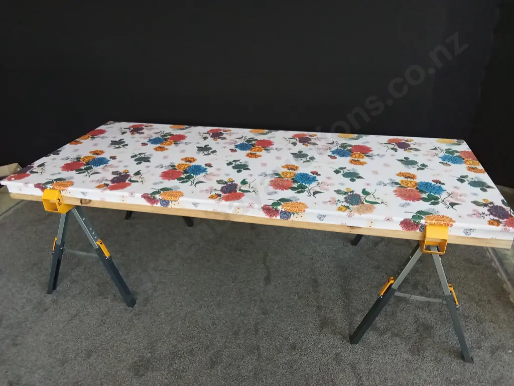 CRAFT STROKE SEWING TABLE 2.4M X 1.2M TOP SITTING ON A PAIR OF TOUGHBUILT C600 SAWHORSE JOBSITE TABLES Image 1++