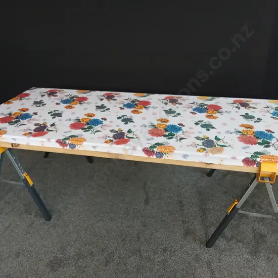 CRAFT STROKE SEWING TABLE 2.4M X 1.2M TOP SITTING ON A PAIR OF TOUGHBUILT C600 SAWHORSE JOBSITE TABLES