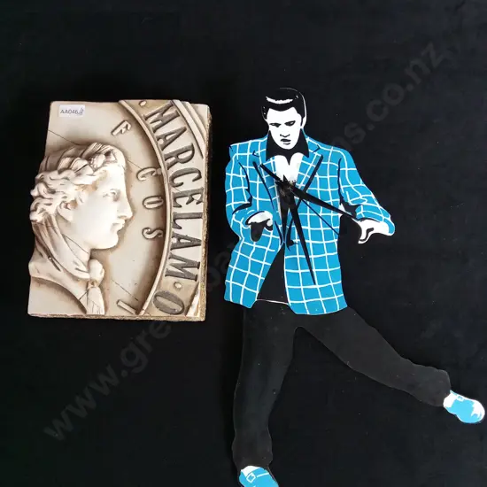 SID DICKENS MEMORY BLOCK T-61 AND ELVIS PRESLEY SWINGING LEGS CLOCK