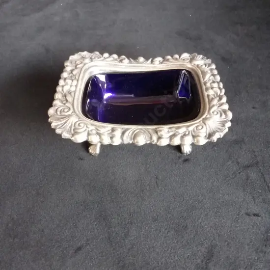 ENGLISH OLD SHEFFIELD PLATE FUSED SILVER MASTER SALT COBALT LINER