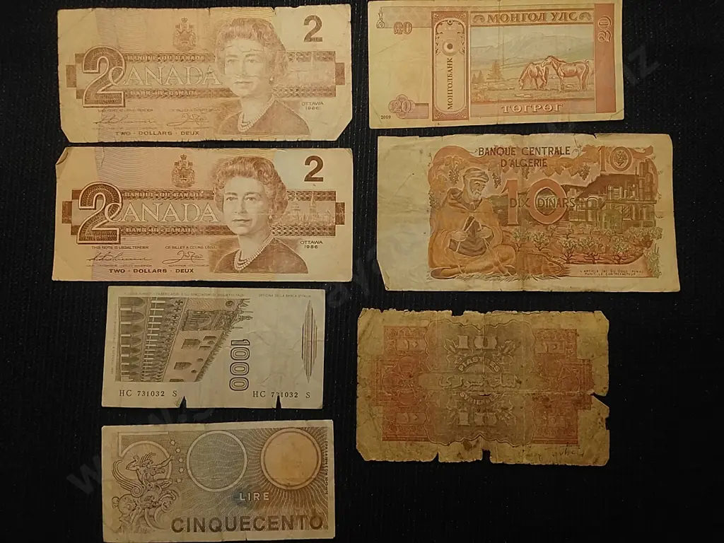 7 X VARIOUS BANK NOTES SYRIA, ALGERIA, ITALY, CANADA (POOR CONDITION) Image 1++