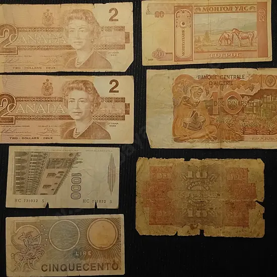 7 X VARIOUS BANK NOTES SYRIA, ALGERIA, ITALY, CANADA (POOR CONDITION)