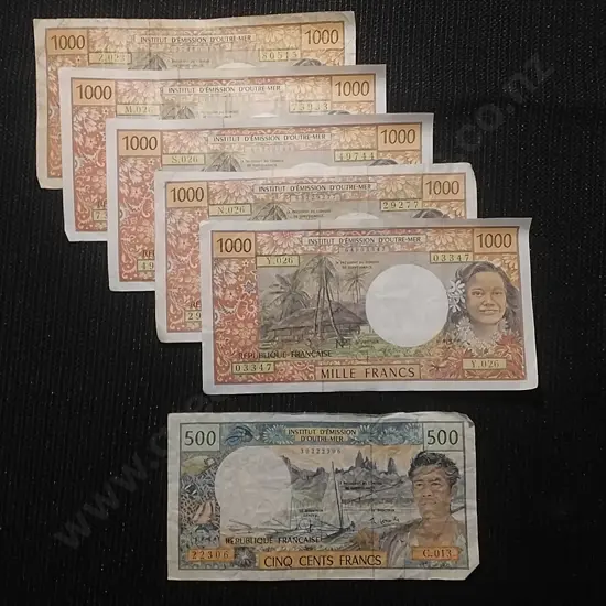 FRENCH PACIFIC TERRITORIES BANK NOTES - 5 X 1000 & 1 X 500 FRANCS
