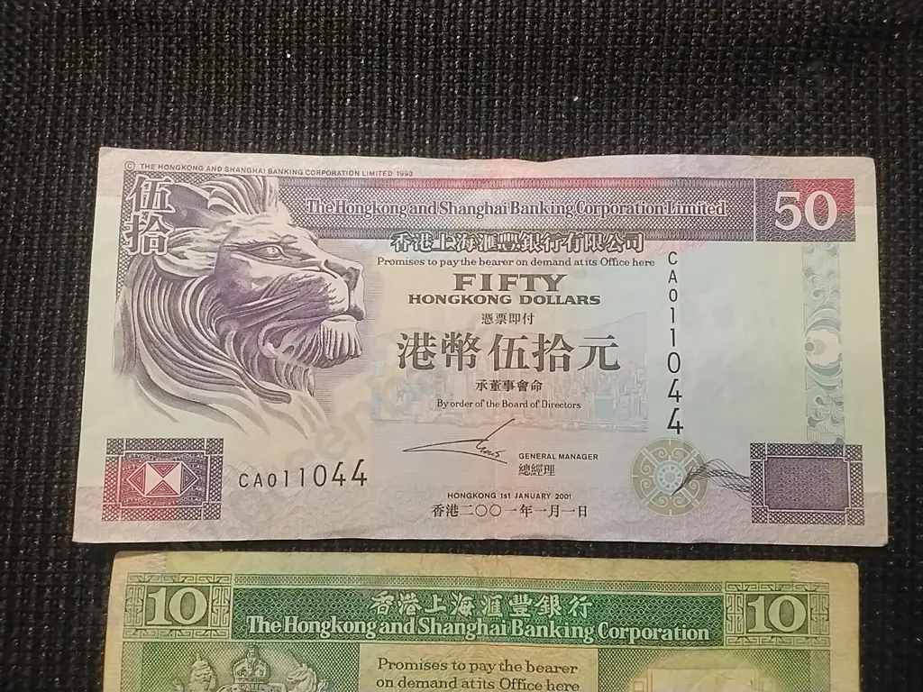 2 X HONGKONG AND SHANGHAI BANKING CORPORATION BANK NOTES $50 &$10 & 1 X GOVERNMENT OF THE HONGKONG Image 1++