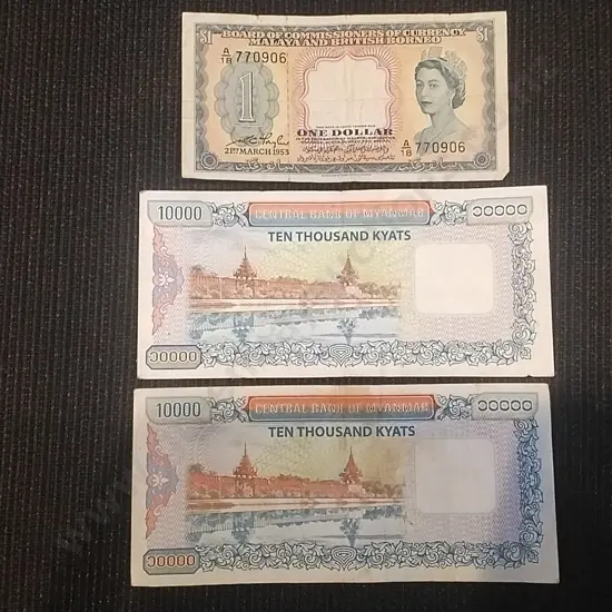 2 X MYNMAR 10000 KYAT BANK NOTES FROM 2012 SERIES PLUS 1 X 1953 MALAYA AND BRITISH BORNEO 1 DOLLAR NOTE