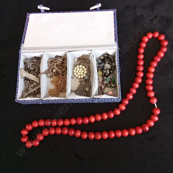 BLUE JEWELLERY BOX FULL OF COSTUME JEWELLERY