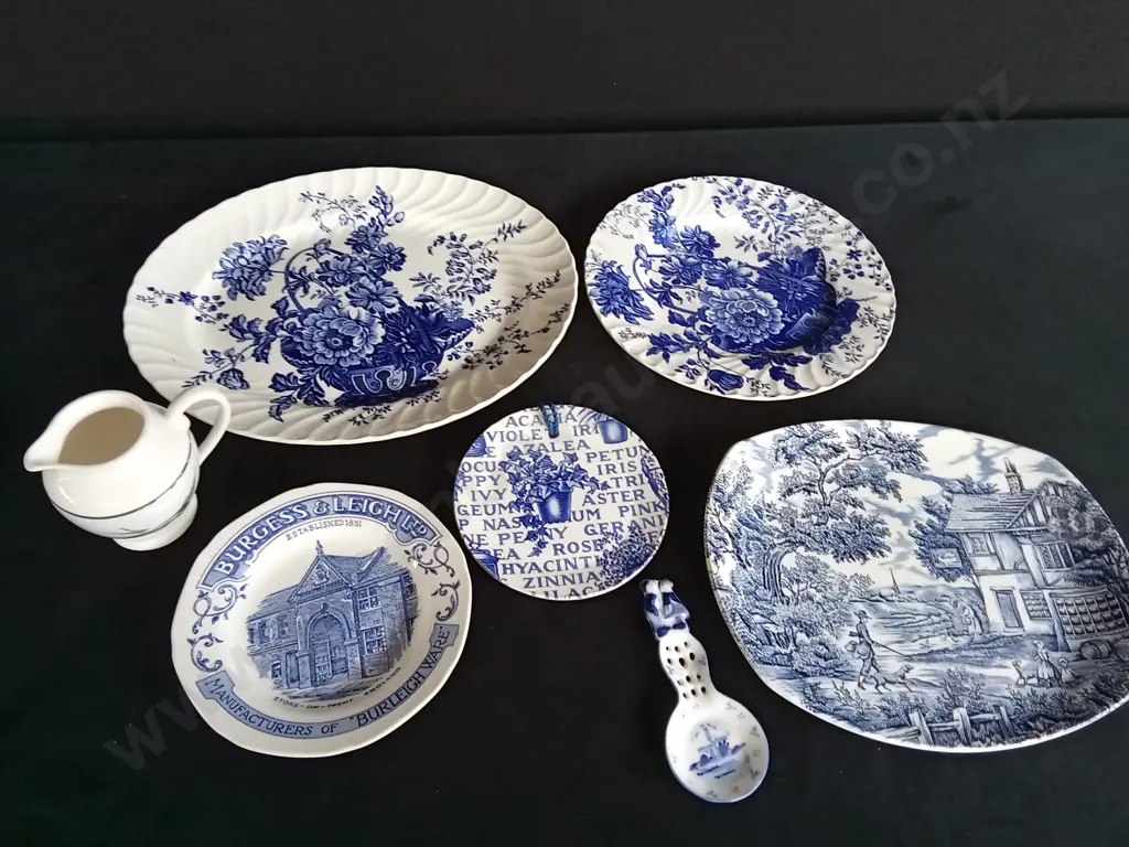 ROYAL CROWN FORD BURLEIGH PLATES X 3 WITH BURGESS & LEIGH AND MYOTT PLATE WITH A MILK JUG AND TEABAG SPOON Image 1++