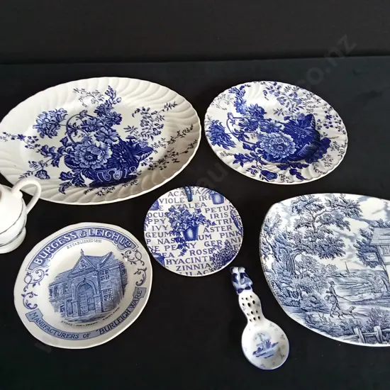 ROYAL CROWN FORD BURLEIGH PLATES X 3 WITH BURGESS & LEIGH AND MYOTT PLATE WITH A MILK JUG AND TEABAG SPOON